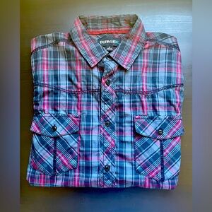 Burnside Men’s Long-sleeved shirt, size Medium, dark gray w/red stripes.